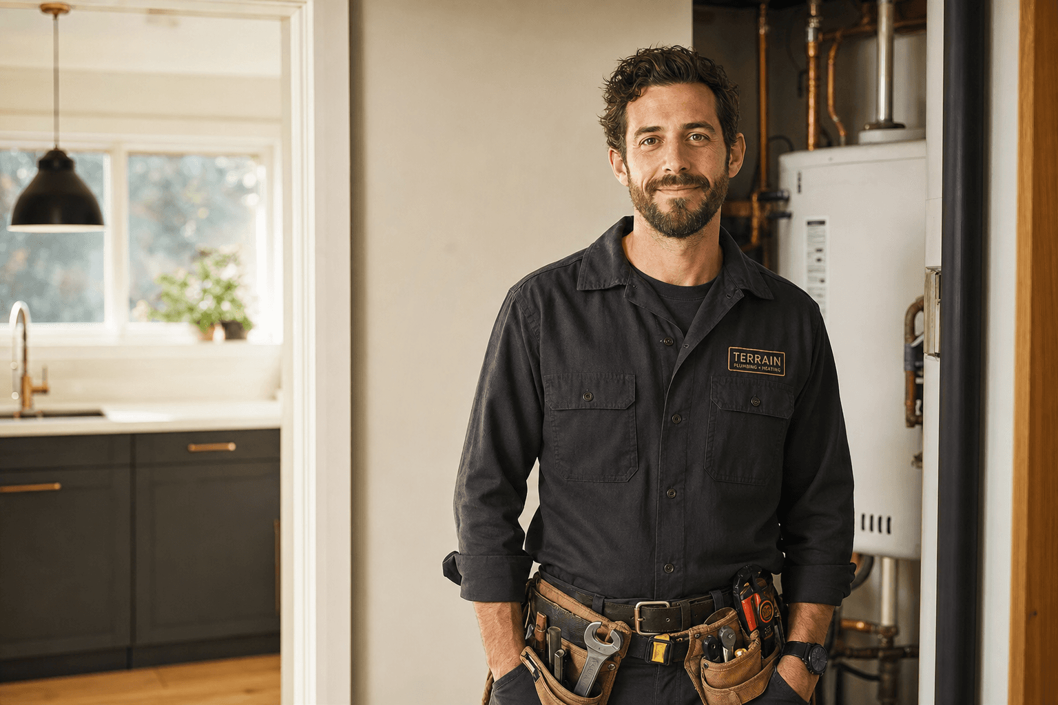 Professional plumbing and HVAC technician on the job
