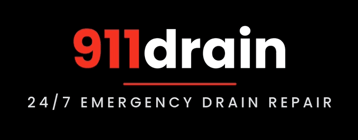 911drain logo on black with 24/7 emergency drain repair tagline