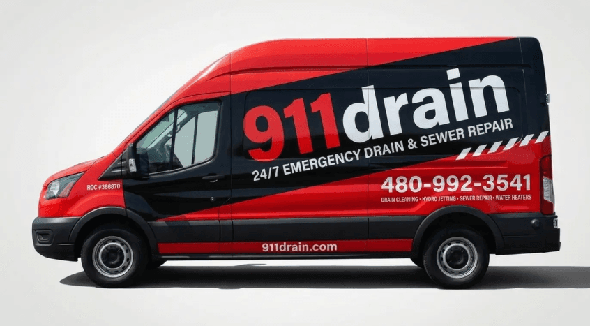 911drain service van with red and black emergency drain repair wrap