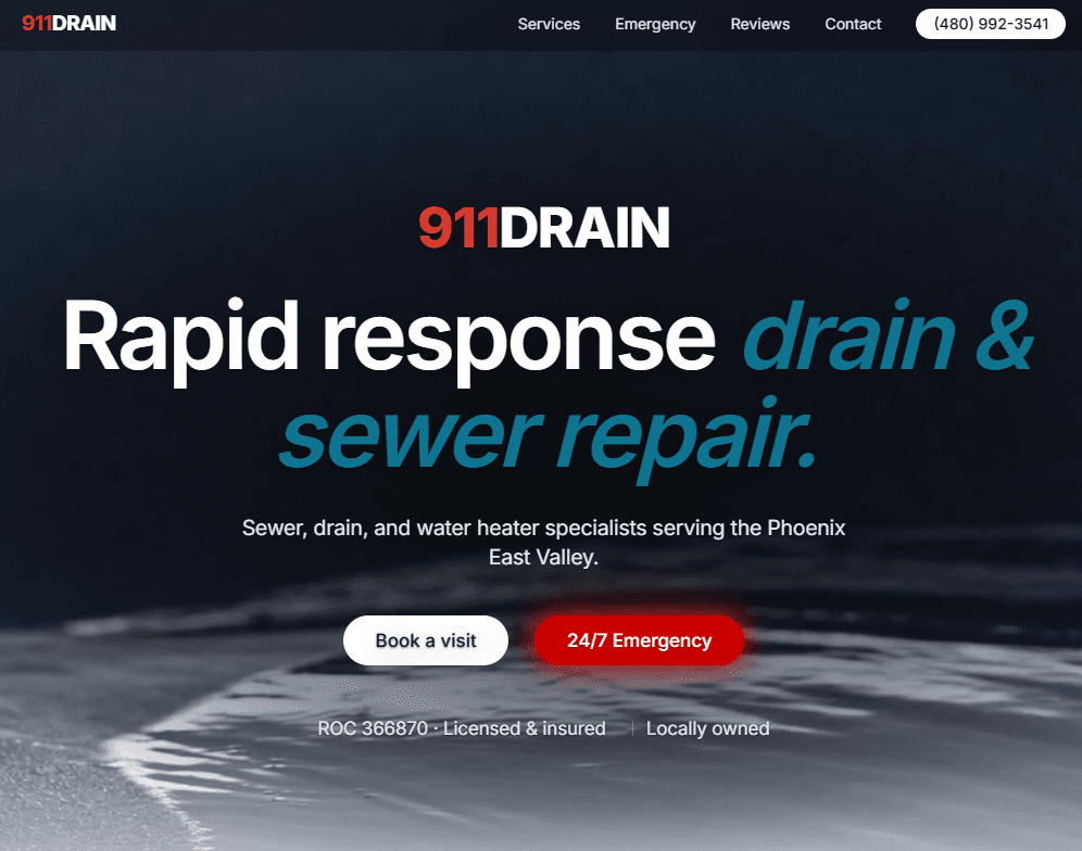 911drain website hero with rapid response headline and call CTAs